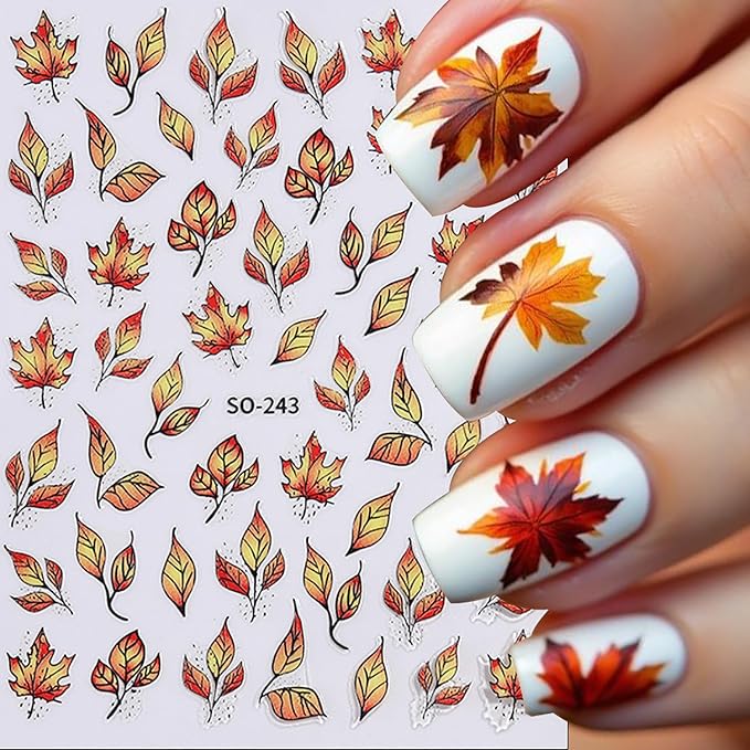 Fall Nail Stickers Laser Maple Leaf Nail Decals 6PCS Self Adhesive Pegatinas para Uñas Autumn Brown Yellow Leaves Design Nail Art Supplies DIY Manicure Supplies for Women Nail Decorations Charms