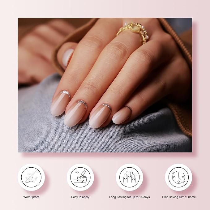 Semi Cured Gel Nail Strips, 20 PCS Gel Nail Stickers Work with UV Light, Salon Quality & Easy to Use - Shiny Nude