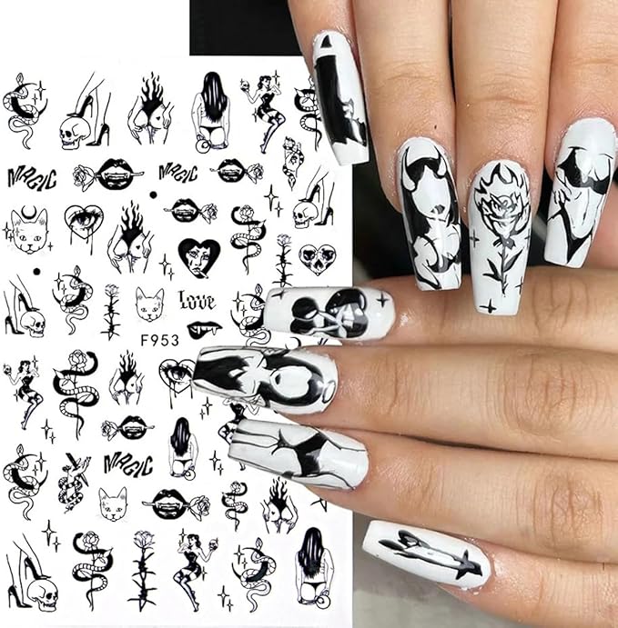 8 Sheets Halloween Nail Art Stickers 3D Punk Goth Nail Decals Evil Skull Rose Snake Nail Designs Sticker Self-Adhesive Halloween Nail Art Supplies Horror Zombie Nail Decorations for Women Manicure