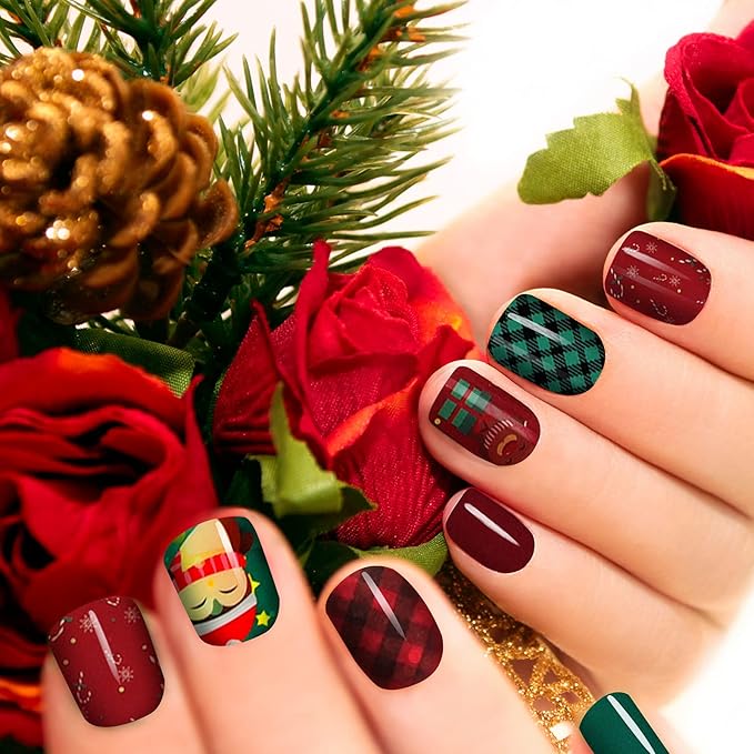 140 Pcs 10 Sheets Christmas Full Wrap Nail Stickers Polish Strips Plaid Gradient Stickers Glitter Self Adhesive DIY Art Decals Strips with 2 Pcs Nail Files for Xmas Decor (Snowflake Style)