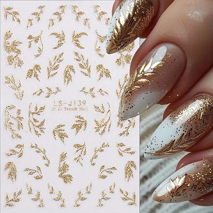 Golden Glitter Leaf Nail Art Stickers Fall Leaf Nail Decals 4PCS Shiny Shimmer 3D Self-Adhesive Fallen Leaves Nail Stickers Nail Art Supplies Fall Sticker for Nails DIY Manicure Decorations Supplies