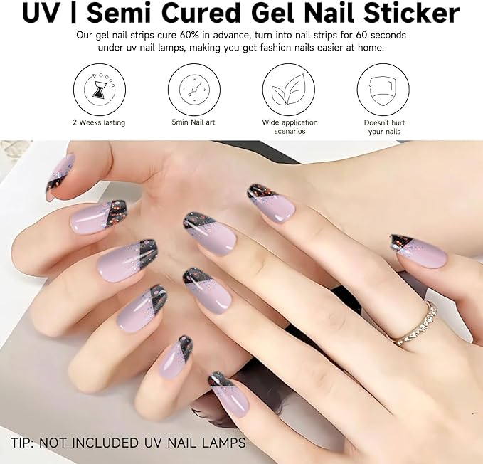 Semi Cured Gel Nail Strips | 28 pcs Black French Gel Nail Stickers Work with Any UV Lamps, Long Lasting Nails Wraps for Women DIY Nails Art