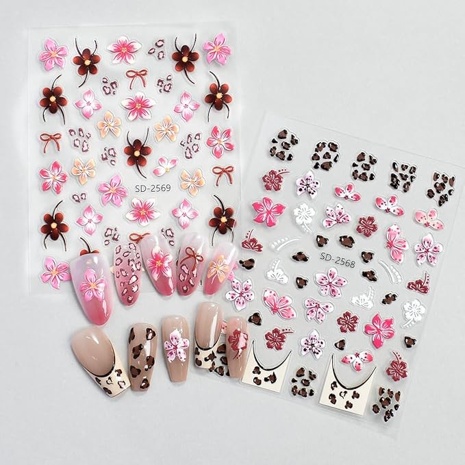 Fall Flowers Nail Art Stickers, Maillard Leopard Lily Nail Decals 3D Embossed with Sweet Cool Spicy Girl Style Design 8Pcs Nail Art Supplies for Women Nail Decoration