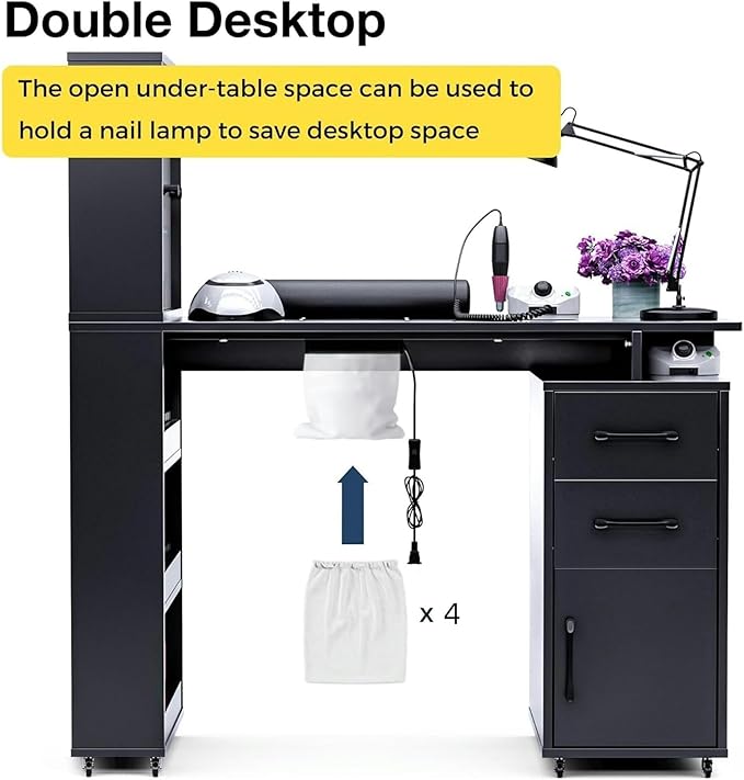 Manicure Table Nail Desk w/Glass Door Storage Cabinets & Wrist Rest, Beauty Salon Workstation, Acetone Resistant, with Dust Collector (Black)