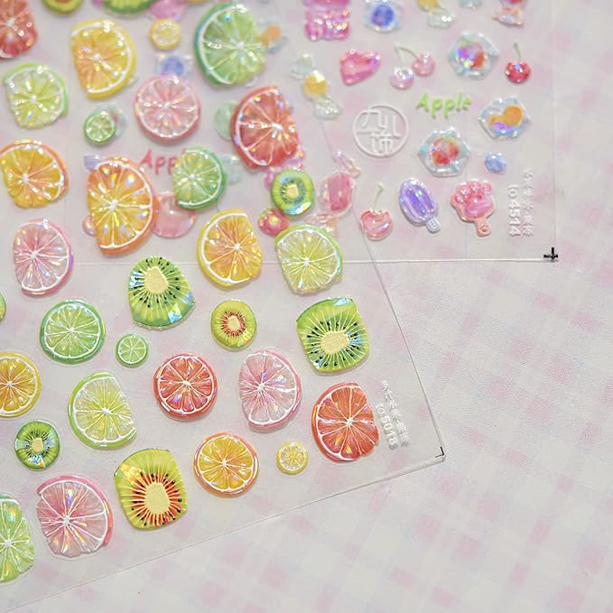 Summer Nail Art Stickers 5D Embossed Fruit Style Nail Decals Lemon Kiwifruit Self-Adhesive Nails Design Summer Nail Stickers Manicure Supply for Women DIY Nail Art Decorations