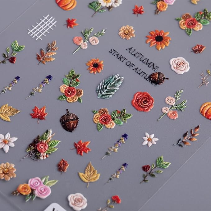 Fall Nail Art Stickers Decals 5D Embossed Maple Leaf Nail Decals Autumn Nails Stickers Pumpkin Colorful Flower Pine Cones Autumn Nail Supplies for Women Thanksgiving Day Acrylic Manicure Decoration