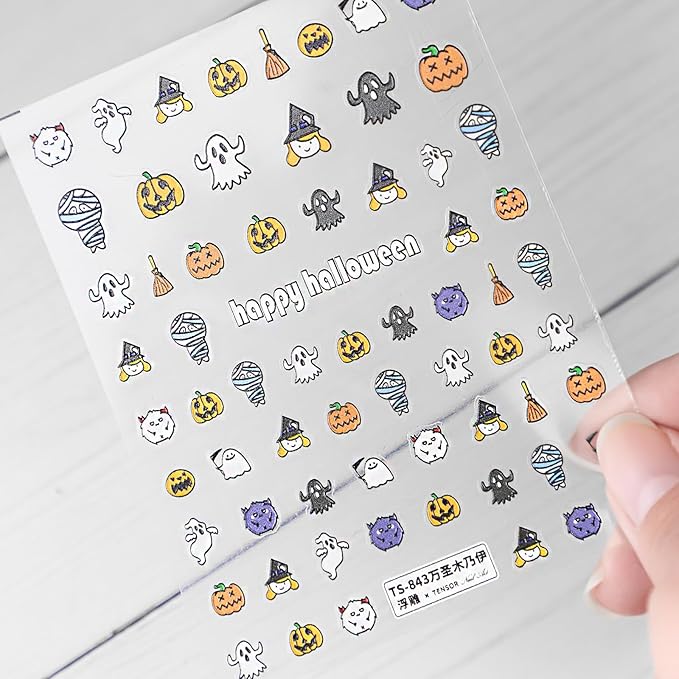 Halloween Nail Stickers for Nail Art - Cute Ghost Nail Art Sticker Bat Witch Hat 5D Embossed Nail Decals Self-Adhesive Nails Supply Manicure Stickers for Nails Decoration (Happy All Saints' Day)