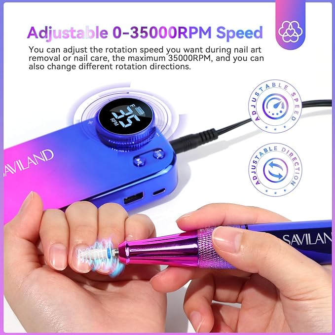 SAVILAND Portable Electric Nail Drill - PRO 35000RPM Electric Nail File Nail Drills for Acrylic Nails Professional with Drill Bits Manicure Pedicure Supplies Use Nail Art for Home DIY Salon Use