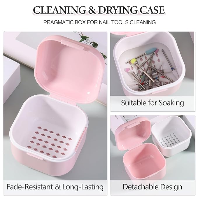 1Pc Plastic Nail Tool Sterilizer Box Nail Drill Bits Cleaning Box Polishing Tools Soaking Tray Manicure Pedicure Storage Container Case - Pink (Pink, 3.15“x3.15“x2.75“)