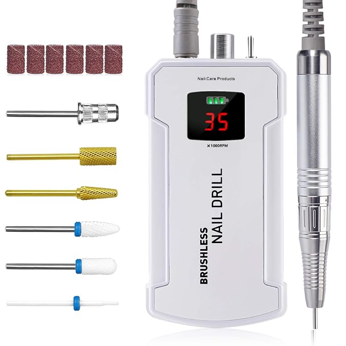 Professional Nail Drill Machine, IMENE 35,000RPM Portable Brushless Nail Drill Rechargeable E-File Nail Drills Perfect for Acrylic, Gel, Natural Nails（White）