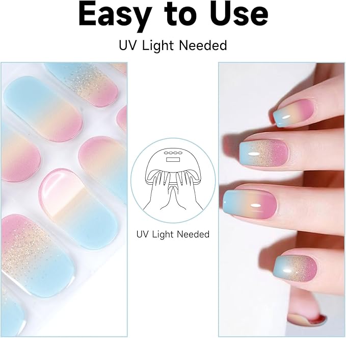 Semi Cured Gel Nails Strips - 28 pcs UV Gel Nail Stickers for Women Work with Any UV Lamp, Long Lasting Nail Wraps for Home DIY Nails Art