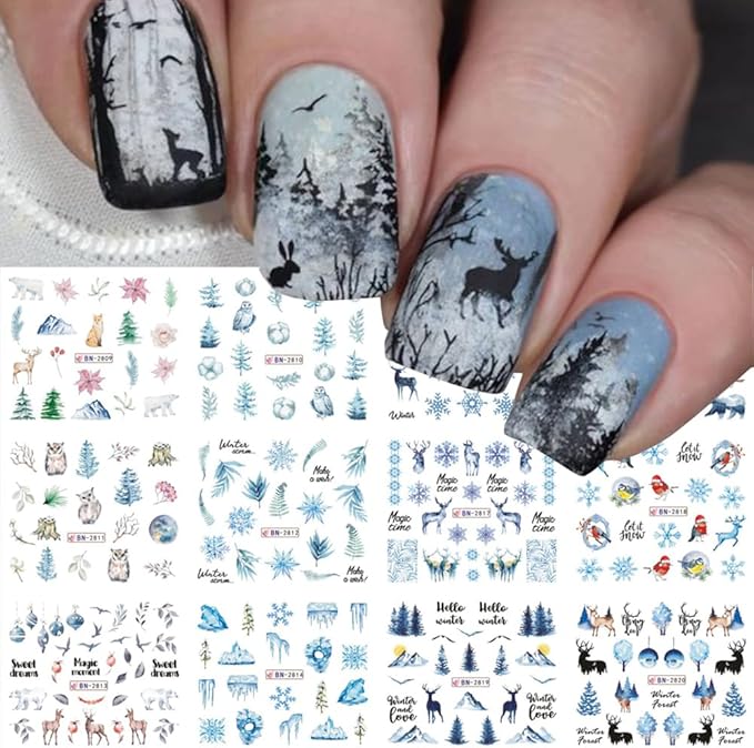 12 Sheets Snowflake Nail Art Stickers Water Transfer Nail Decals Christmas Nail Art Decorations Blue Snowflake Elk Santa Tree Bear Cute Winter Pattern Watermark Nail Stickers for Women DIY Nail Supply