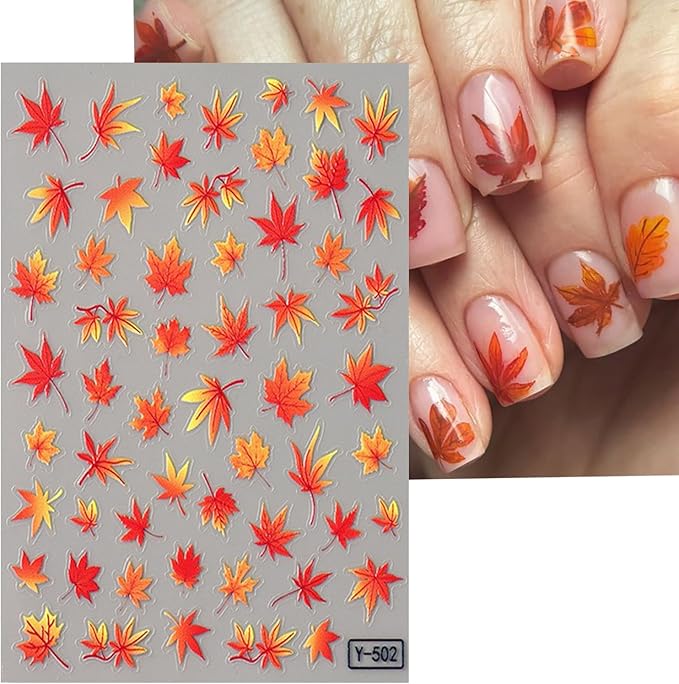 Fall Maple Leaves Nail Stickers for Nail Art Thanksgiving Autumn and Winter Maple Leaf Gradient Maple Leaf Nail Art Designs 3D Self-Adhesive Decals for Women Nail Decoration Supplies 2 Sheets