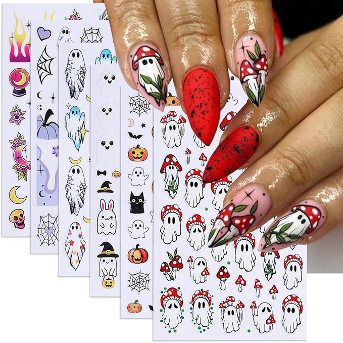 Halloween Nail Art Stickers Decals Ghost Pumpkin Halloween Design Nail Decals 3D Self-Adhesive Nail Art Supplies 6PCS Mushroom Ghost Moon Pumpkin Nails Deign Stickers for Women DIY Nail Decorations