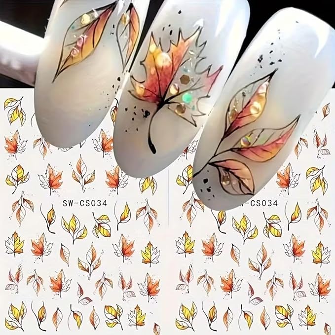 Fall Nail Art Stickers Decals 6Pcs Maple Leaves Nail Art Decals 3D Self-Adhesive Yellow Fallen Leaves Nails Stickers Cute Thanksgiving Day Manicure Sliders for Women Acrylic Nails Art Decorations
