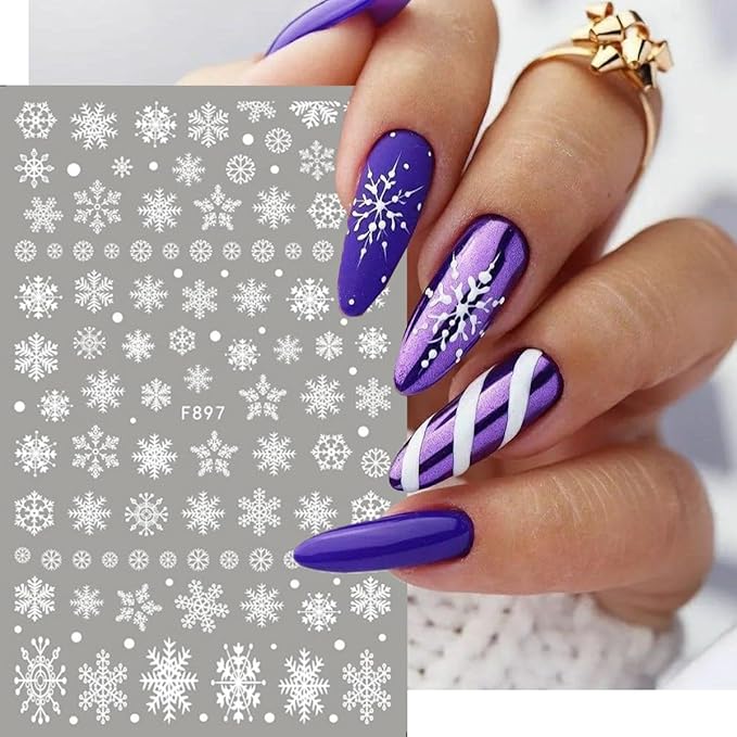 10Sheets Christmas Snowflake Nail Art Stickers White Snowflake Winter Nail Decals 3D Self Adhesive Xmas Nail Art Decorations Supplies Deer HOHO French Stripe Design Manicure Stickers for Women Girls