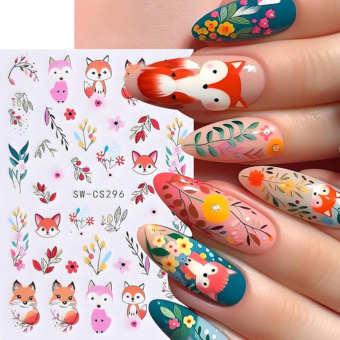 Fall Nail Art Stickers, Cute Fox Nail Art Decals 3D Self-Adhesive Leaves Pumpkin Nails Stickers Fall Flowers Nail Design 3Pcs Nail Art Supplies for Women Fall Nail Decoration