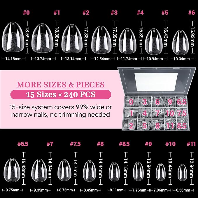 Extra Short Almond Fake Nail Tips, 15 Sizes 240 PCS Clear Half Matte Press On False Nail Tips Pre-shaped Full Cover Gel Nail Acrylic Soft Tip Extensions Thick Long Lasting for Home DIY Nail Salon