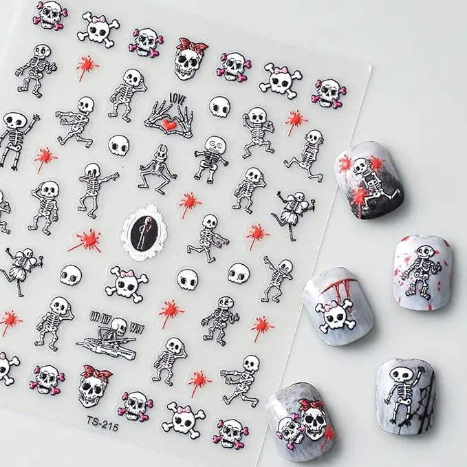 Halloween Skull Nail Art Stickers Decals 5D Embossed Skeleton Nail Decals Self-Adhesive Bloody Skull Heart Nail Art Supplies Horror Hand Bones Halloween Nail Stickers for Women Manicure Decoration