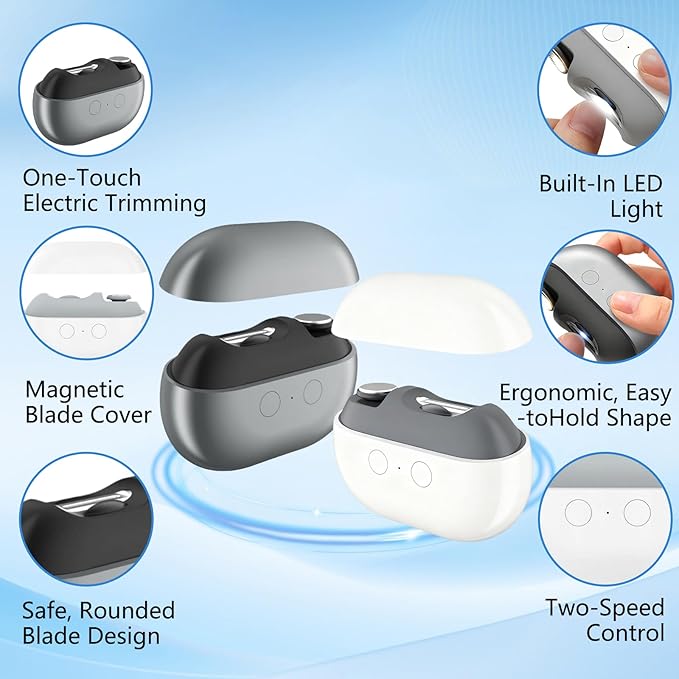 Easyclip Smart Nail Clipper, 3 in 1 Fanyil Easy Clip Nail Clippers,Electric Nail Clippers for Seniors, Polishing Clipper with LED Light & Nail Scraps Storage, for Limited Mobility People (White)