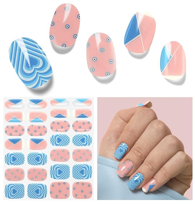 Semi Cured Gel Nail Strips, Blue Heart | 28 pcs Gel Nail Strips Work with Any UV Lamp, Salon Quality UV Nails Stickers, Easy to Apply for Home Nails DIY