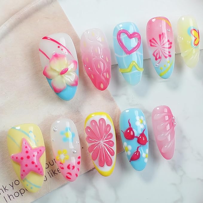 1pcs Summer Nail Stickers for Nail Art Embossed Nail Decals 5D Flowers Dolphins Starfish Shell Jellyfish Mermaid Tail Design Butterfly Lemon Nail Stickers Ocean Beach Acrylic Nail for Women