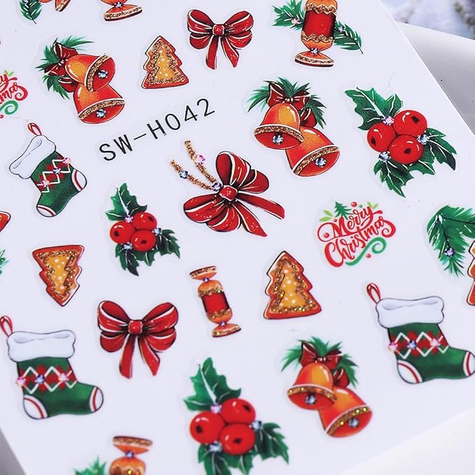 Christmas Nail Stickers Bow Stocking Snowman Nail Art Stickers Holiday Flower Candy Nail Decals 6Pcs Self-Adhesive Christmas Tree Design Sticker Holiday Nail Art Decoration for Women Manicure