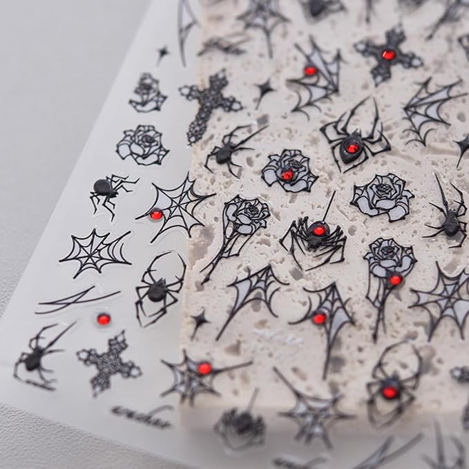 Halloween Nail Art Stickers Spider Web Spider Nail Decals 5D Crystal Diamond Nail Stickers Black Spider Web Spiders Cross Rose Nail Art Supplies Halloween Nail Accessories for Women Nails Decorations