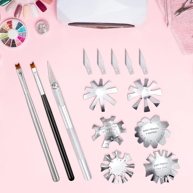 French Tip Cutter Jaywayne French Nail,3pcs Edge Trimmer Easy Smile Line Acrylic V Cut Nail with 2pcs Brush, 1pcs Cutting Knife, 5 Spare Blades 10 Piece Set , Nail salon home DIY tools