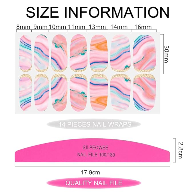 SILPECWEE 16 Sheets Nail Polish Stickers Full Nail Wraps Marble Nail Polish Strips Self Adhesive Gel Nail Strips Fingernails Sticker Nails for Women with 1pc File (Fancy Style)