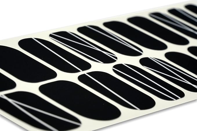 | 20 Exquisite Gel Nail Polish Strips w/Application Accessories - No UV/LED Lamp Required (Black Matte w/White Lines)