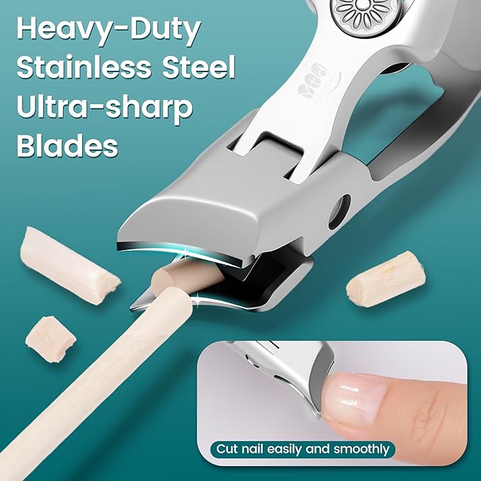 YTD Likomey Beveled Wide Jaw Opening Nail Clippers,Long Handled Toenail Clippers for Thick Nails,Ultra-Sharp Fingernail Clipper with Catcher,Nail Cutter with Nano Glass Nail File Set for Seniors