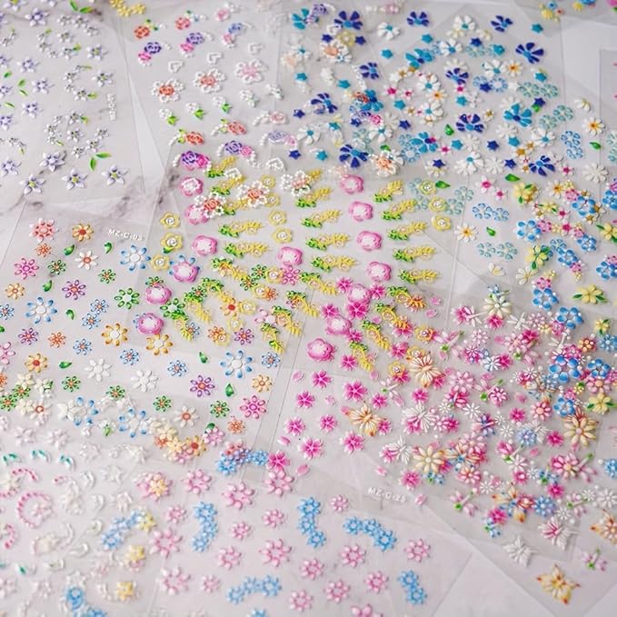 30 Sheets Flower Nail Stickers Colorful 3D Self Adhesive Cute Daisy Floral Nail Decals Heart Nail Art Charms for DIY Design (ST-F)