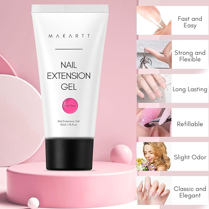 Makartt Poly Nail Gel-50ML Large Capacity-Dazzling Pink Color, Strong Builder for Extension Overlay Strengthener 3D Diy, Long-lasting for Nails French Manicures Home Salon-Pink Flare
