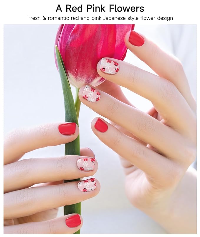 Semi Cured Gel Nail Strips (Red Pink Flowers), 28 pcs UV Gel Nail Stickers for Women Work with Any UV Lamps, Salon Quality Nails Wraps for Home DIY Nails Art