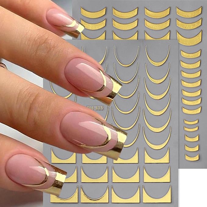 French Line Nail Art Stickers Decals, 4Pcs Gold Silver French Nail Decals 3D Metal Curve Stripe Wave Lines Nail Design French Nail Supplies for Nails Adhesive Sticker Slider DIY Manicure Accessories