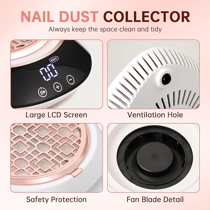 Rechargeable Nail Dust Collector Cordless Powerful Vacuum Fan with LED Display, Adjustable Speed, Reusable Fillter, Manicure Tool for Acrylic Nails, Salon & Home White