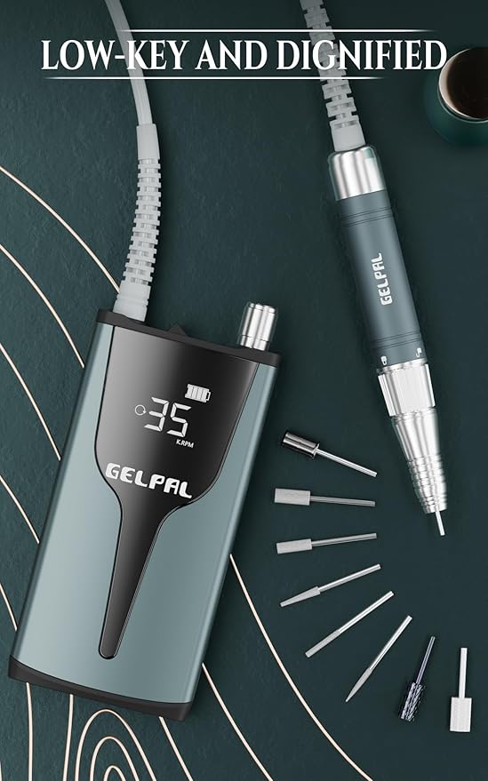 Rechargeable Nail Drill - Brushless Motor - Electric Nail Drill for Acrylic Nails Professional,35000RPM Electric Nail File,Cordless for Home Salon, Low Noise, Low Heat, Blue Grey