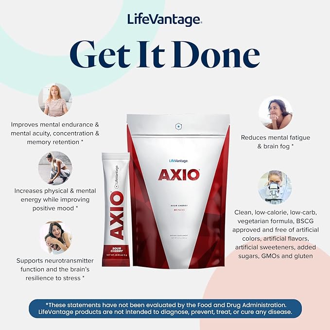 LifeVantage AXIO Regular Energy Drink Powder, Nootropic Supplement, Focus & Mood Support, with L-theanine, Green Tea, B Vitamins, DMAE, Quercetin & Pine Bark, Sour Cherry, 30 Packets