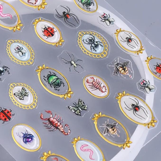 Insect Nail Art Stickers Decals 5D Embossed Nail Art Decals 5D Nail Stickers Amber Spider Ladybug Scorpion Butterfly Insect Nails Designs Cute Halloween Nail Accessories for Acrylic Nails Decorations