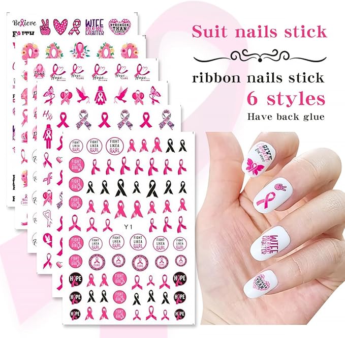 6 Sheets Breast Cancer Nail Art Stickers - 3D Self-Adhesive Heart Letter Nail Decals Pink Ribbon Breast Cancer Nail Designs for Women & Girls Acrylic Manicure Salon