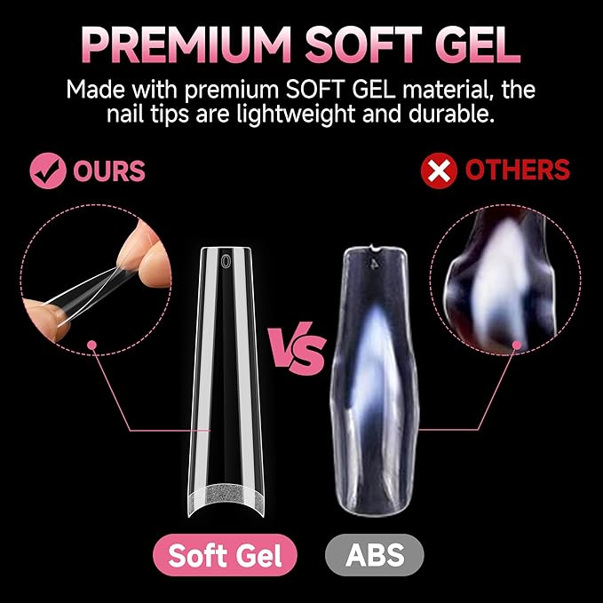 UNA GELLA Extra Long Coffin Nail Tips No C Curve 504PCS XXL Coffin Nails Half Cover Long Coffins Gel Nails Tips Clear Fake False Nails Long Gel Extensions for Nail Art Salon Home DIY No Need File