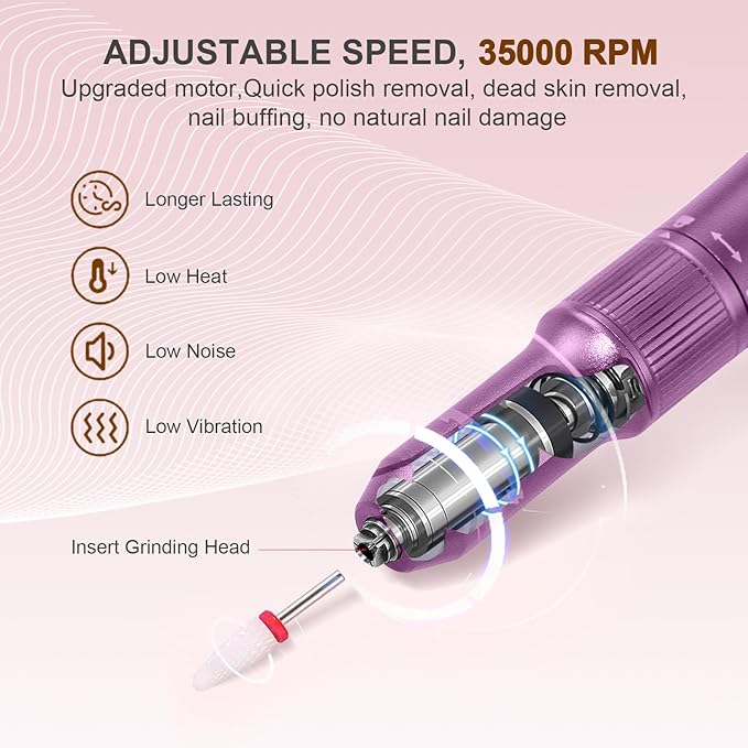 Electric Nail Drill Rechargeable Professional,2 in 1 Nail Grinder & UV Lamp Combo,35000 RPM,Portable Cordless Nail File Machine for Acrylic Nails,Gel Polishing,Shaping Nails,Manicure Art Tools