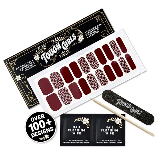 | 20 Exquisite Gel Nail Polish Strips w/Application Accessories - No UV/LED Lamp Required (Vintage Foiled Lace & Burgundy)
