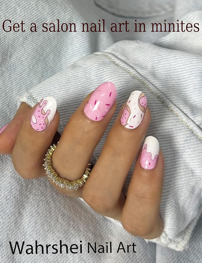 Semi Cured Gel Nail Strips, 20pcs Pink Donut Gel Nail Stickers UV for Home Nails DIY