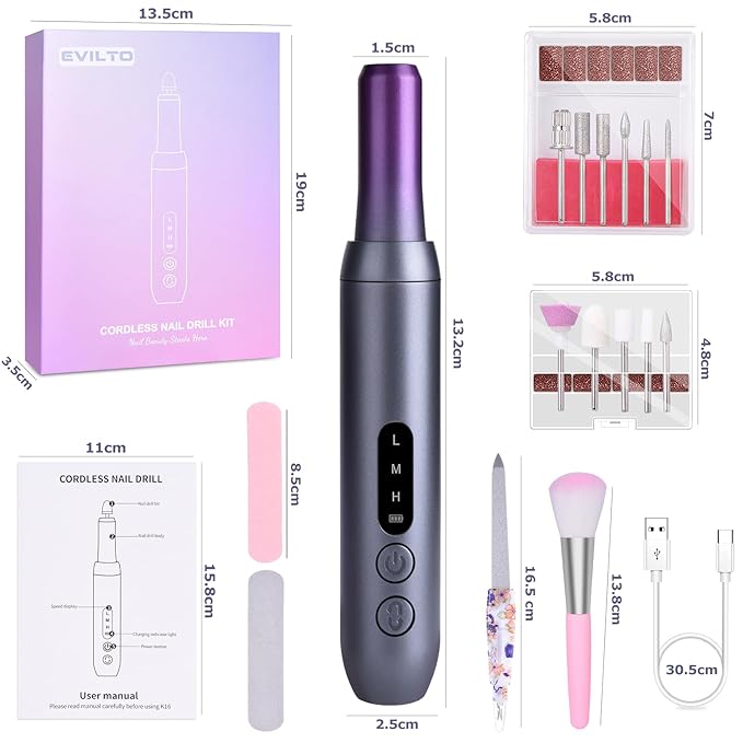 Electric Nail Files Cordless, Professional Nail Drill LCD Display With 12 Bits 30000RPM Rechargeable Manicure Pedicure EFile For Gel Nail Polish Acrylic Nails Thick Toenails Removal,Grey purple