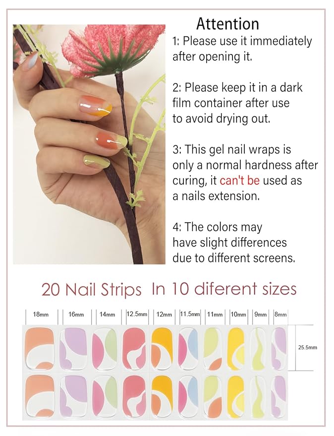 Semi Cured Gel Nail Strips, 20pcs Colorful French Lump Gel Nail Stickers Work with UV, Gel Nail Wrapsfor Home Nail Art DIY, Easy to Use and Remove