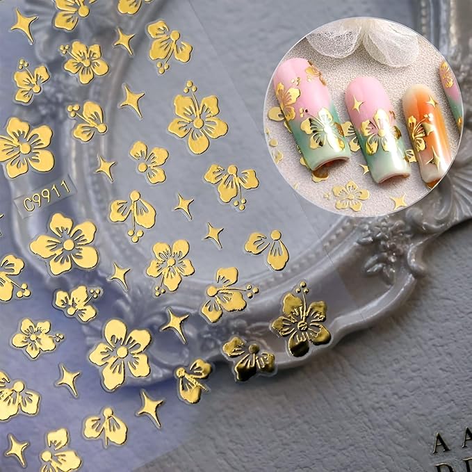 12 Sheets Gold Star Digit Heart Nail Art Stickers - 3D Self Adhesive Decals for Design and Decoration - Supplies Accessories for Women