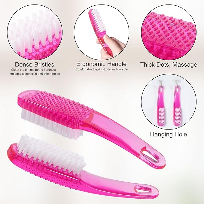 2 Pcs Handle Grip Nail Brushes for Cleaning, Long Handle Fingernail Cleaner, Hand Nail Toes Cleaning and Scrubbing Brushes, Pedicure Nail Scrubber Non-Slip for Men and Women, Hot Pink