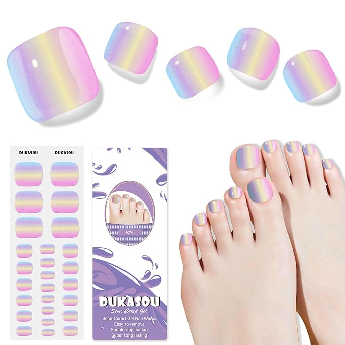 Semi Cured Gel Toe Nail Strips,26 Pcs Toe Nail Stickers Wraps for Holiday(Rainbow),Gel Strips UV Light Required,Easy to Apply